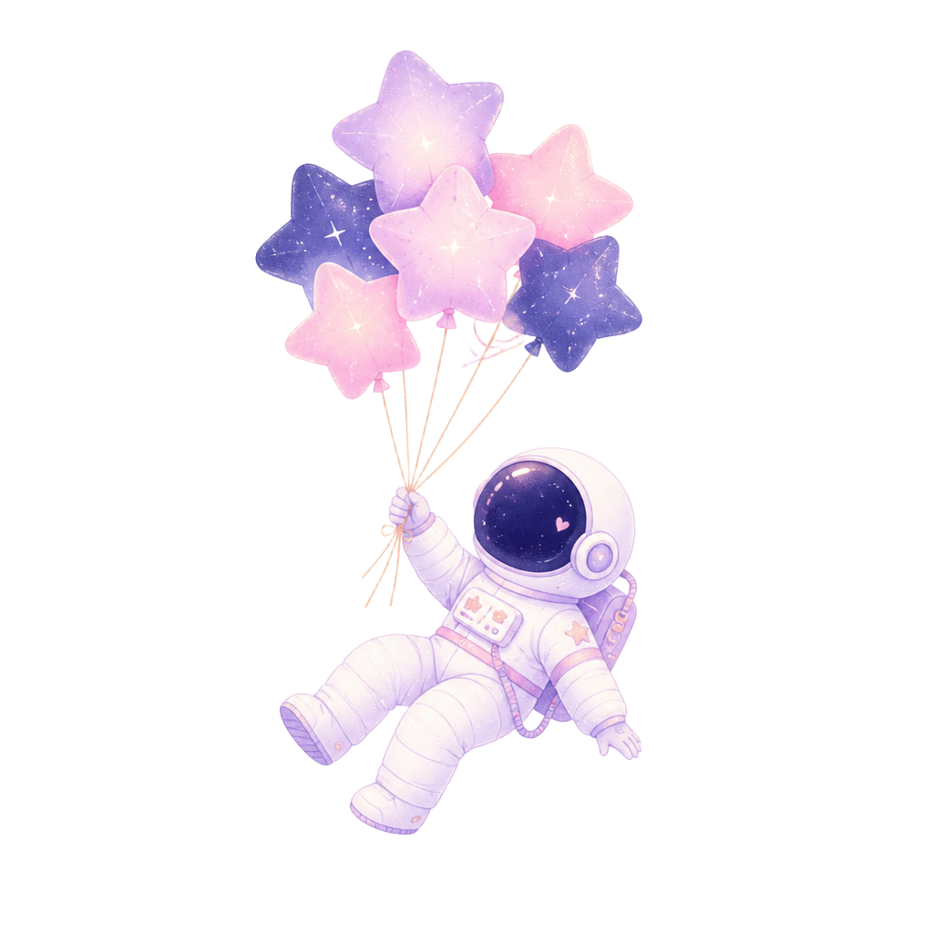 Ilustração de um pequeno astronauta segurando balões de estrela